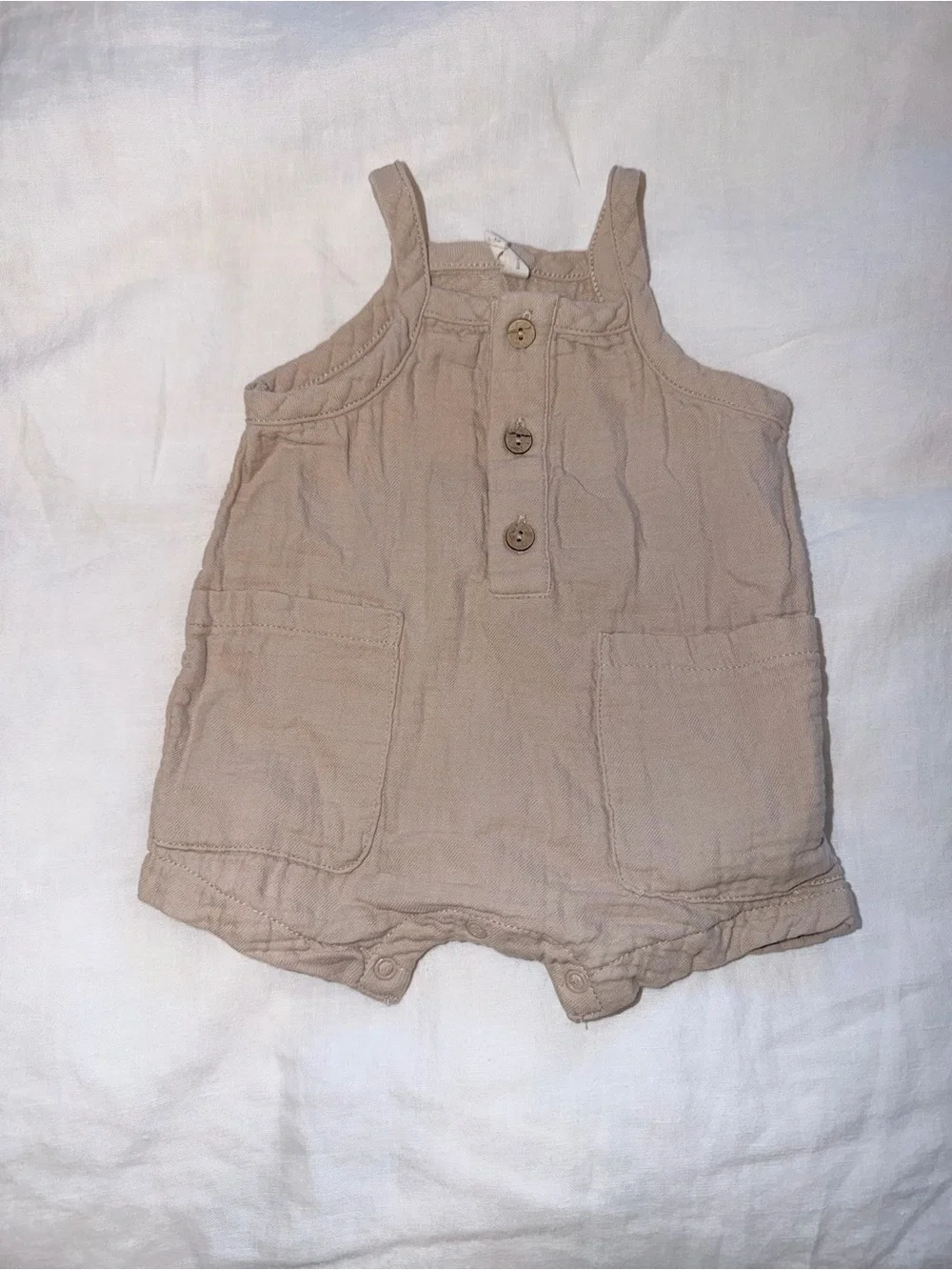 Quincy Mae Tan Button-Front Cotton Romper